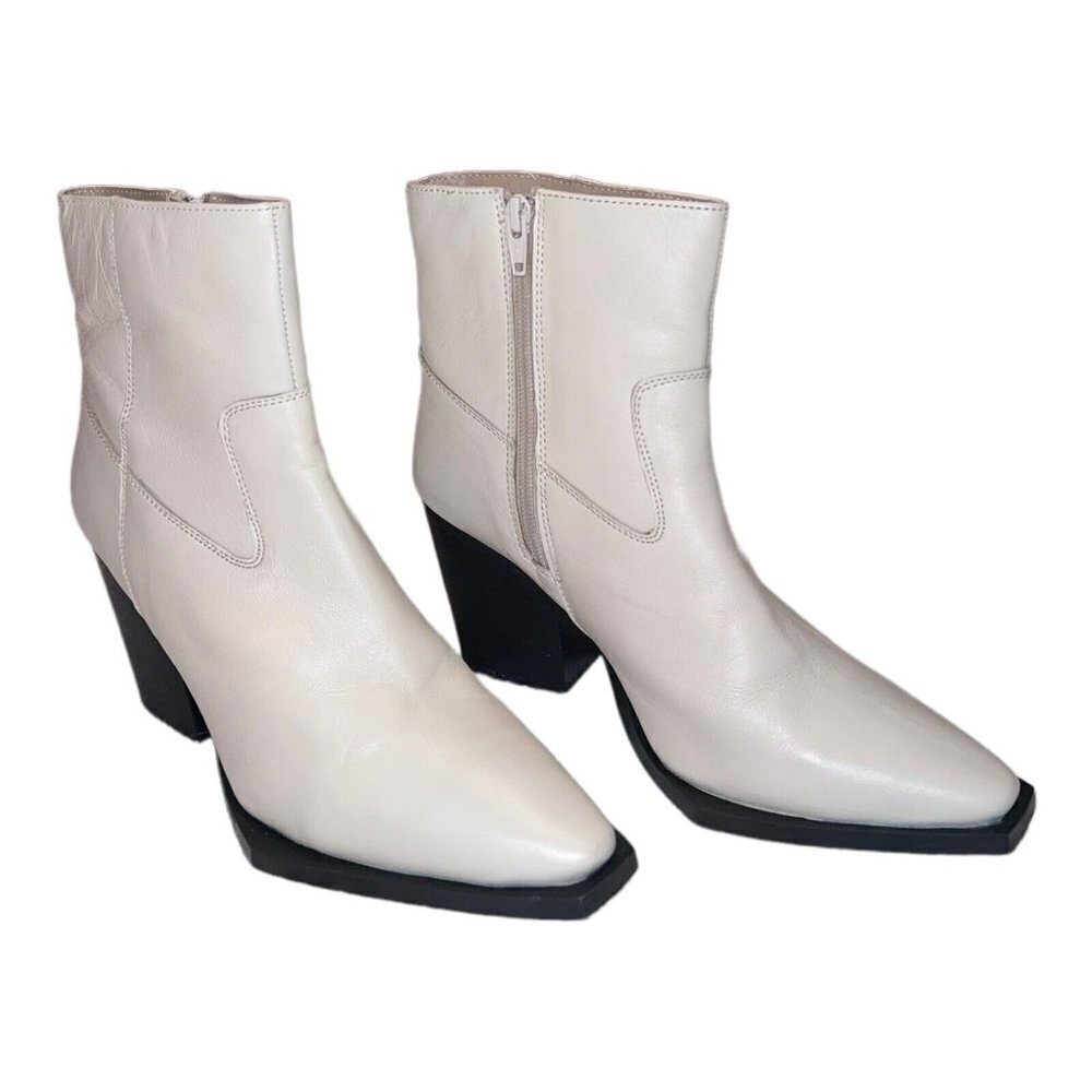 NASTY GAL Contrast Off White Leather Western Ankle Heel Boots - Picture 3 of 15